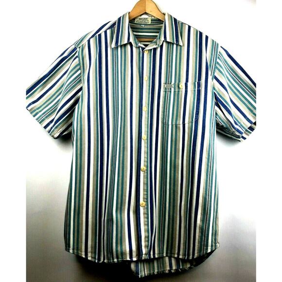 Vintage 90s GUESS JEANS Mens Large Striped Canvas Button Front Shirt Blue Tan - Picture 1 of 5